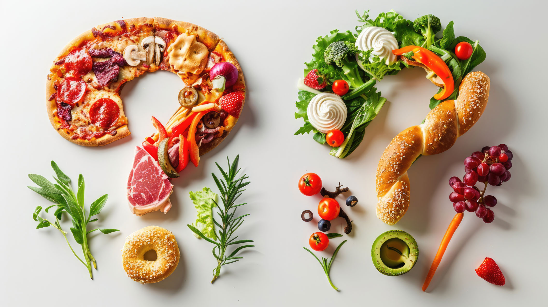 One question mark build with pizza, ham and a bagle and another question mark build with vegetables and sourdough bread